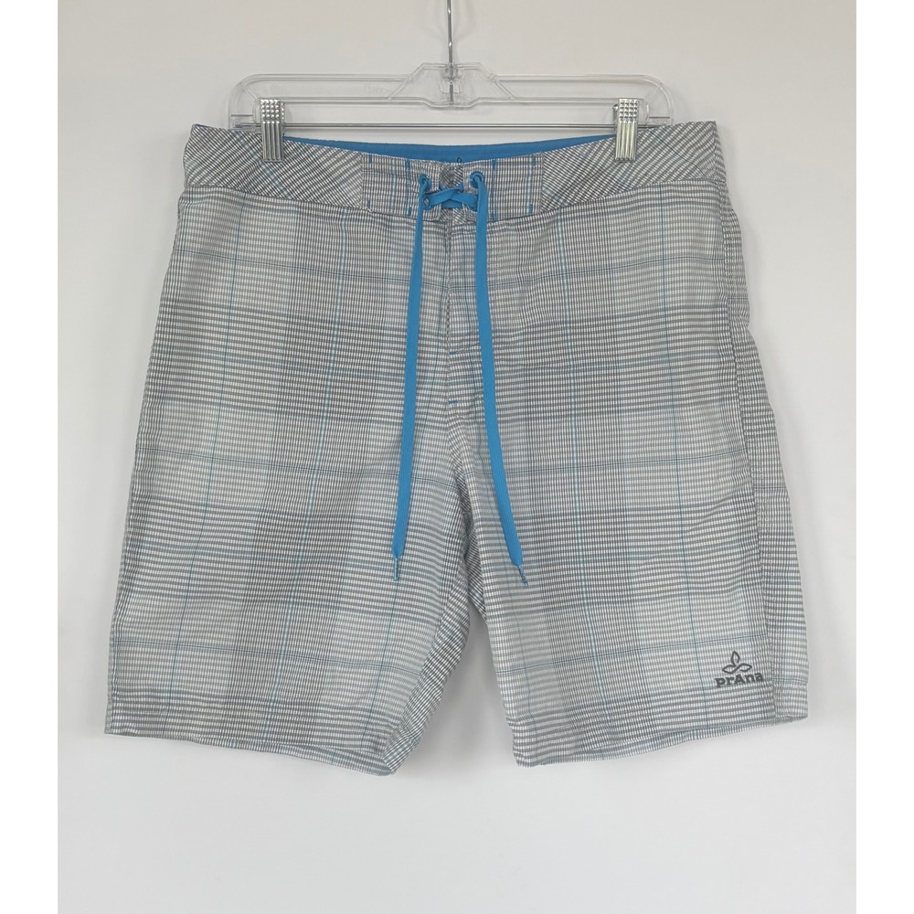 Prana Mens‎ Plaid Board Shorts Size 34 Grey Blue UPF 50+ Swim Trunks